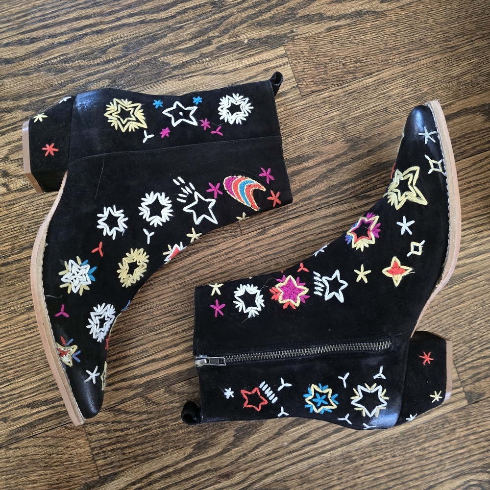 NEW FP Black Suede Celestial Star boho Embroidered Western Festival Ankle Boot - Picture 6 of 12